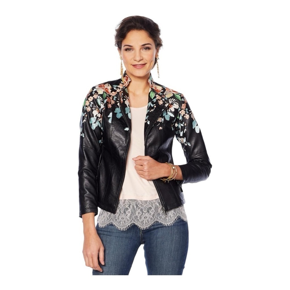 Colleen Lopez Black Floral Embroidered Faux Leather Moto Jacket Small Slim Fit
